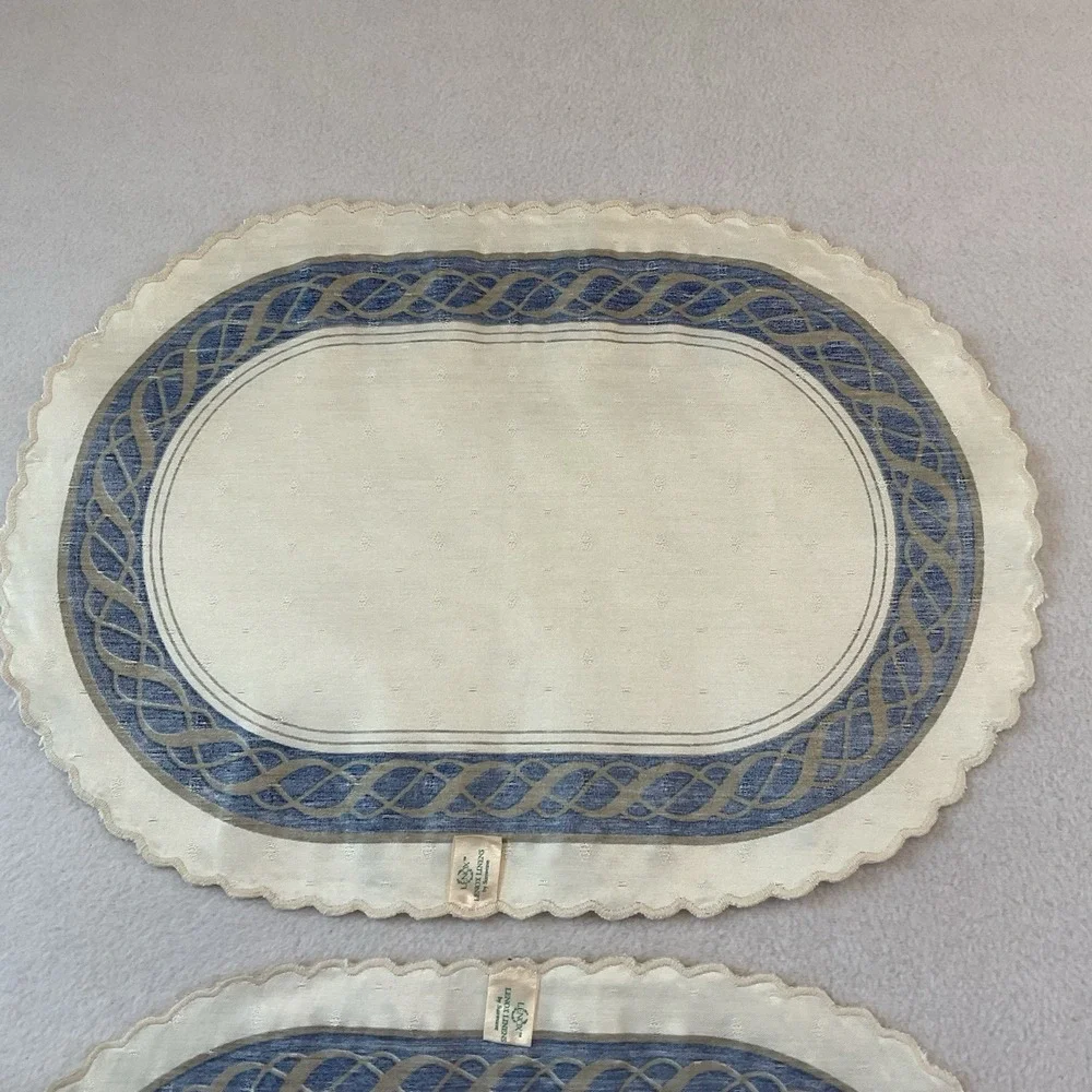 Lenox Hamilton Oval Placemats Cloth Set Of 2 Ivory Gold Navy Blue Vintage Lot #3